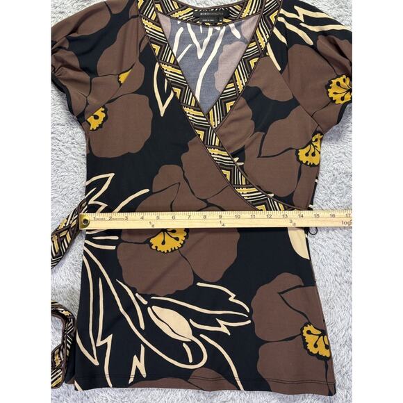 BCBG Y2K Vintage Womens Top Size Medium V Neck Brown Black Short Slv Faux Wrap - Picture 7 of 10